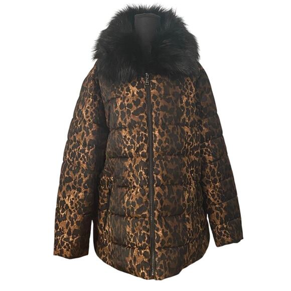 Tahari Leopard Print Puffer Coat 1X Faux Fur Collar Cozy Warm Mobster Wife - Picture 1 of 13